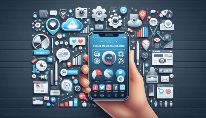 Person using a smartphone with digital marketing technology icons.